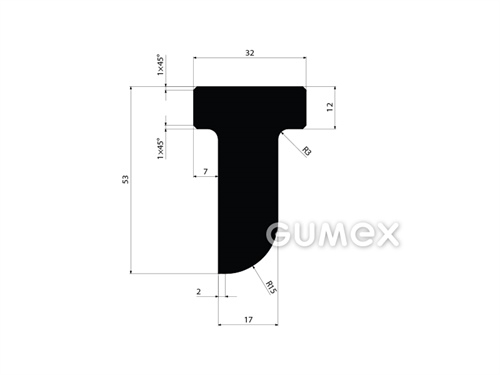 "T" Gummiprofil für Wasserbauten, 53x32/17mm, 70°ShA, EPDM, -40°C/+100°C, schwarz, 